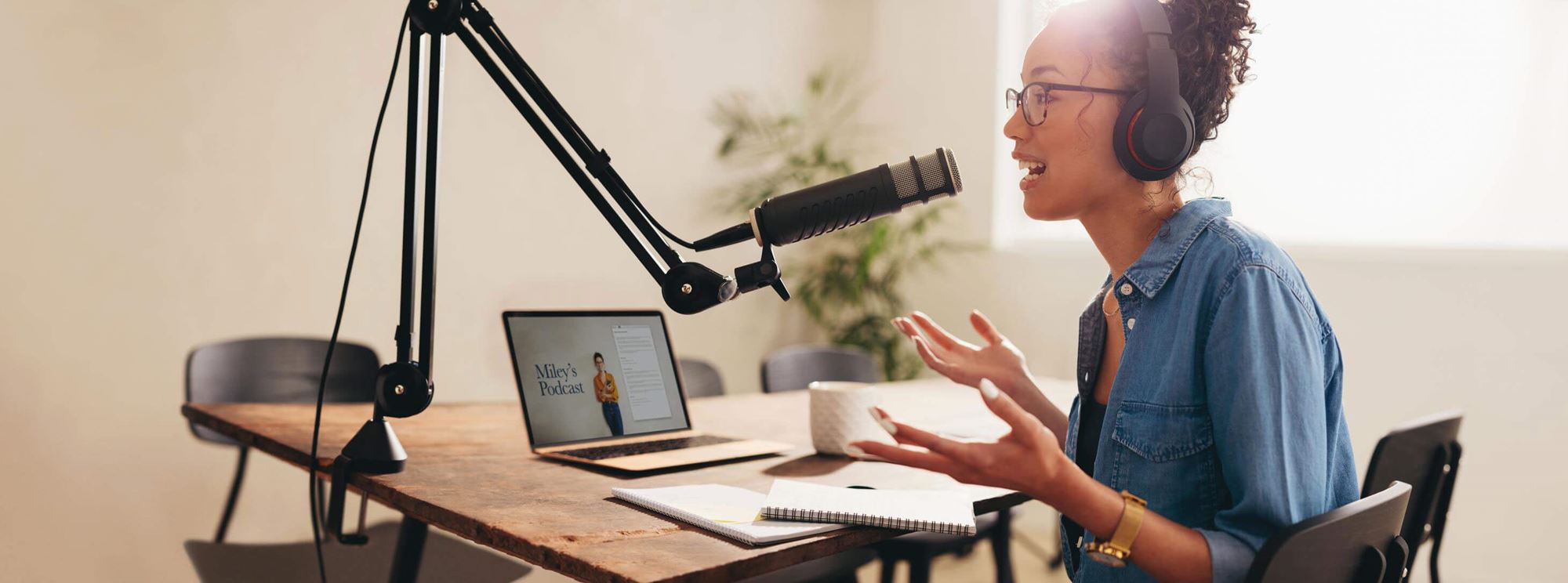 Woman recording a podcast